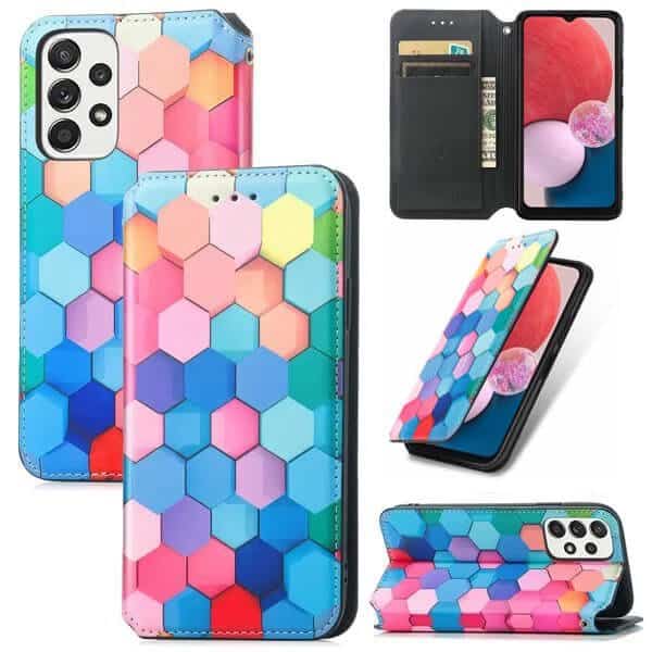 CaseNeo For Samsung Galaxy A04S A13 4G 5G Leather Wallet Flip Case With RFID Blocking Credit Card Holder Slots Cover - Colored Squares CaseNeo For Samsung Galaxy A04S A13 4G 5G Leather Wallet Flip Case With RFID Blocking Credit Card Holder Slots Cover - Colored Squares